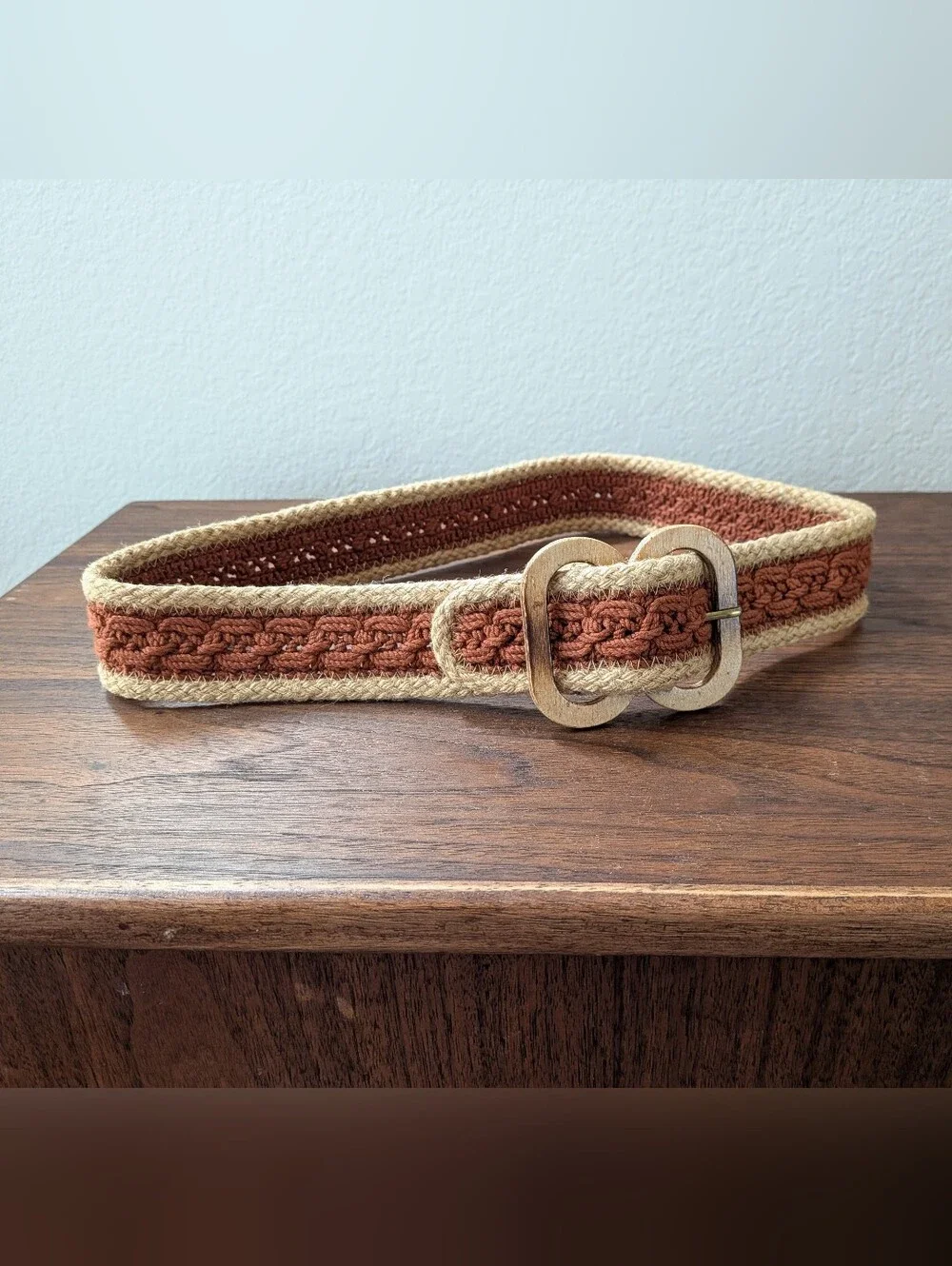 Bohemian Woven Belt With Wooden Buckle Tan Cream Color